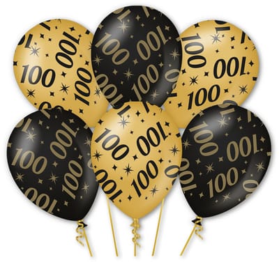 LUQ – Latex Ballonnen 100 Jaar – 6 Stuks – Zwart-Goud – Luxe Verjaardag Decoratie – Birthday Party – Helium Ready