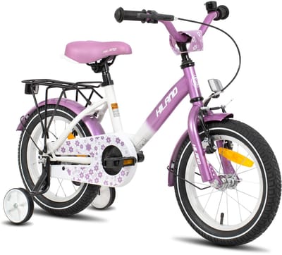 Hiland Starry Meisjesfiets - 12 Inch - Inclusief Zijwieltjes & Bagagedrager - Handrem & Terugtraprem - Paars - Geschikt voor buitenactiviteiten in de lente