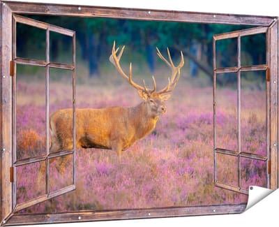 Gards Tuinposter Doorkijk Hert in de Weide tijdens Zonsondergang - 180x120 cm - Tuindoek - Tuindecoratie - Wanddecoratie buiten - Tuinschilderij