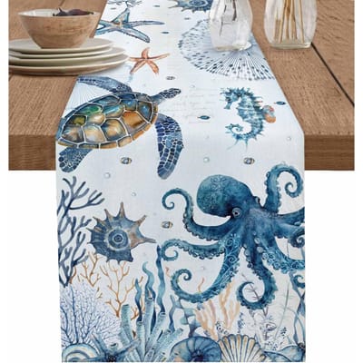 Blauwe Zeeschildpad Octopus Koraal Zeester Linnen Tafelkleed Nautisch Tafeldecor Herbruikbaar Keuken Eettafelkleed Feestdecor 150x33cm gray