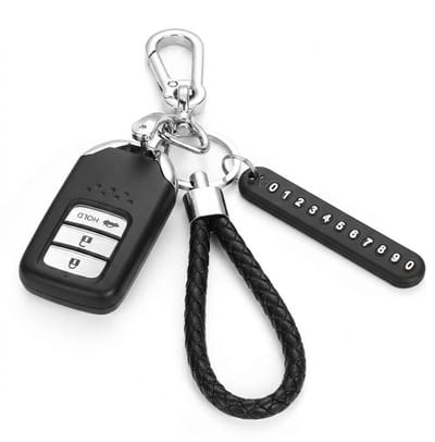 Zwarte anti verlies sleutelhanger met telefoonnummer strip, metalen clip en gevlochten band – sleutelhanger voor dames en heren – sleutel hanger met nummer label en karabijnhaak