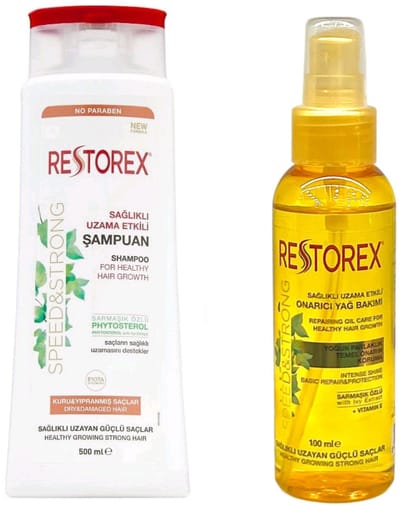 Restorex - Speed & Strong Haarverzorging set - Shampoo 500ml + Haarverzorgingsolie 80ml - voor droog haar - Herbal shampoo - Bio shampoo - Haarolie- haarverzorging
