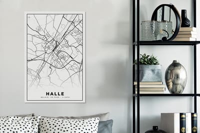 Canvas Schilderij Stadskaart – Plattegrond – België – Zwart Wit – Halle – Kaart - 40x60 cm - Wanddecoratie