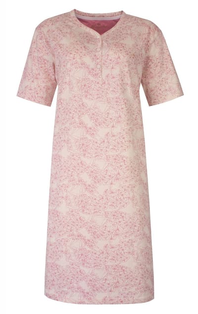 Medaillon Dames Nachthemd - Bloemenprint - Knoopjes - Roze - Maat S