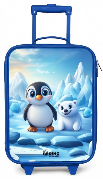 NoBoringSuitcases.com® - Kinderkoffer blauw - Kindertrolley jongen - Pinguïn en ijsbeertje op ijsschotsen - Koffer kind lichtgewicht - Reiskoffer trolley voor kinderen - Koffertje met lichtgevende wieltjes - Rolkoffer