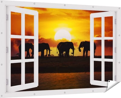 Gards Tuinposter Doorkijk Silhouet Olifanten tijdens Zonsondergang - 180x120 cm - Tuindoek - Tuindecoratie - Wanddecoratie buiten - Tuinschilderij