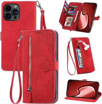 Hoesje geschikt voor iPhone 16e - Bookcase - Koord - Pasjeshouder - Portemonnee - Bloemenpatroon - Kunstleer - Rood