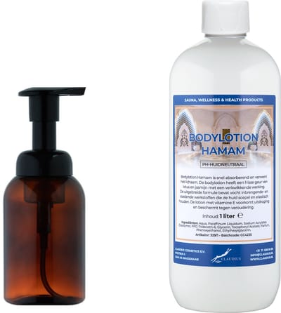 Zeepdispenser 300 ml amber bruin hervulbaar + 1 liter Bodylotion Hamam navulling