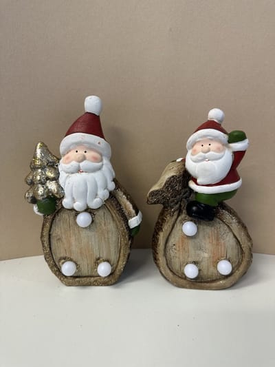 Kerstbeeldjes met LED - Set van 2 stuks - Kerstmannen - met 3 LEDs - Bruin & goud + glitters - keramiek - 17x12x5cm & 16x11x4cm - Kerstdecoratie