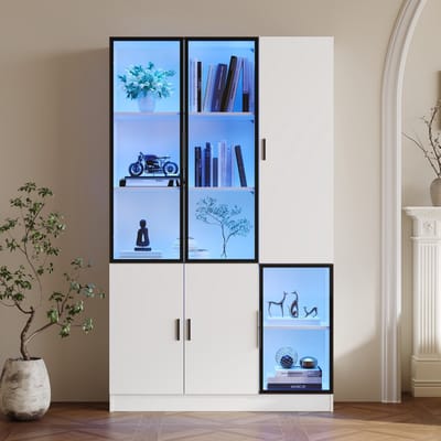 Sweiko Vitrinekast - 120 x 35 x 200 cm - Glazen deuren - LED-verlichting - Boekenkast - Wit