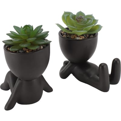 2 pièces Pot de fleurs succulentes artificielles Mignon Innovant en forme humaine Mini pot de fleurs succulentes artificielles pour décoration de bureau à domicile noir