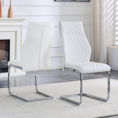 [Set van 2] Eetkamerstoelen met wit ruitpatroon: Hoge rugleuning + comfortabel zitkussen, zilverkleurig metalen frame, antislip en duurzaam, geschikt voor restaurants etc.