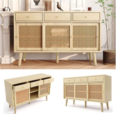 Buffetkast 120x40x78 cm - Rattan Front Met 3 Lades en 3 Schuifdeuren - Verstelbare Planken - Hout - Eiken