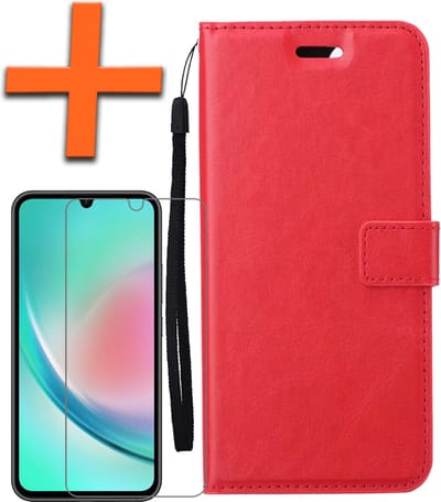 Hoes - Met Screenprotector - Geschikt voor Samsung Galaxy A34 - Luxe Pasjeshouder - Bookcase Portemonee - Flip Case - Kunstleer Book Case - Flipcase - Book Cover - Walletcase - PortemonneeHoes - Rood