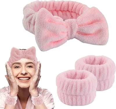 3-delige Set van Waterdichte Make-up Hoofdband en Polsbanden - Zachte Pluche, Stretchy en Ideaal voor Spa en Gezichtsreiniging (Roze)