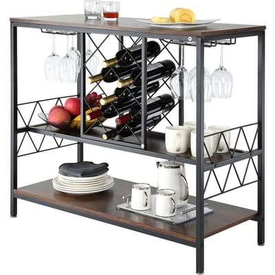 40 Inch Industriële Bar Kast, Wijntafel voor Sterke Dranken en Glazen, Bijzetkast Buffetkast met Glazenhouder & Wijngaardrek, Vrijstaande Boerderij Hout