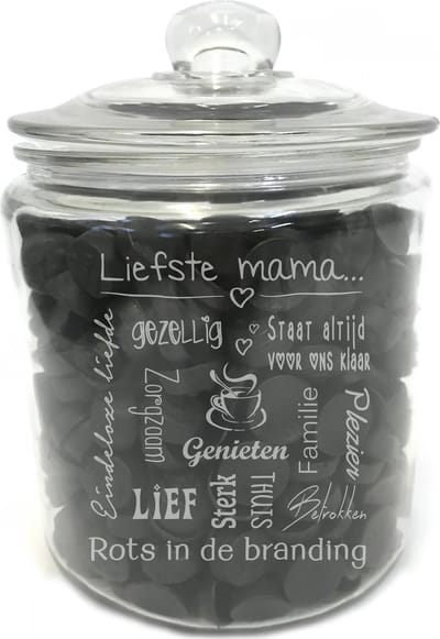 Grote snoeppot /koekpot (zonder drop) met tekst gravure: LIEFSTE MAMA. Zonder drop. Cadeau-mama-moeder-moederdag. Dik sterk glas. Het formaat is 25cm incl. deksel, 19cm doorsnede, inhoud 3,8 liter.