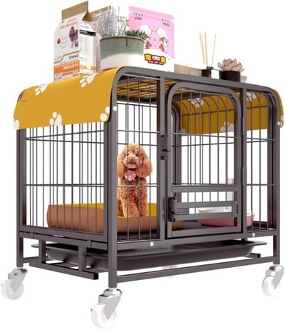 Hondenbench Metaal - Huisdier Krat - Veilige Rustplek - Met Wielen Lade - 95X65X85 Cm - Roze