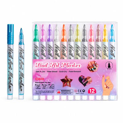 Nagelkunst- en doodlemarkers - set van 12 kleuren - sneldrogend - voor lijnen en nail art - cadeauverpakking