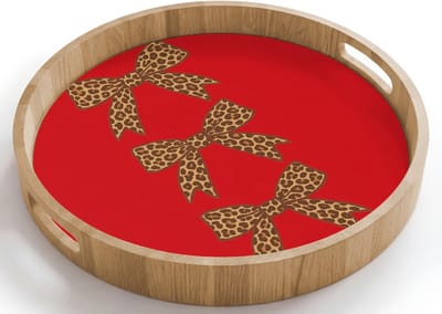 Dienblad rond 40x40 cm - Schootdienblad hout - Strikken - Panterprint - Rood - Borrelplank rechthoek - Plateau houten dienbladen