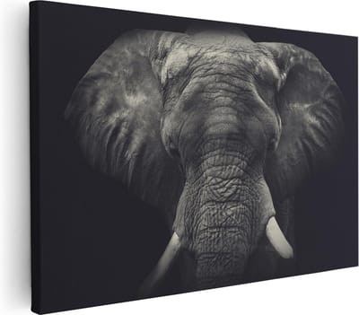 Artaza Canvas Schilderij Dierenkop Olifant - 30x20 cm - Klein - Muurdecoratie Zwart Wit - Wanddecoratie Dieren - Kamer Accessoires Woonkamer