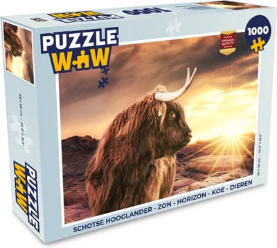 Puzzel Schotse hooglander - Zon - Horizon - Koe - Dieren - Legpuzzel - Puzzel 1000 stukjes volwassenen