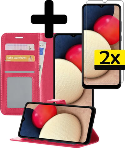 Hoesje - Met 2x Screenprotector - Geschikt voor Samsung Galaxy A02s - Luxe Pasjeshouder - Bookcase Portemonee - Flip Case - Kunstleer Book Case - Flipcase Hoes - Book Cover - Walletcase - Portemonneehoes - Telefoonhoesjes - Donkerroze