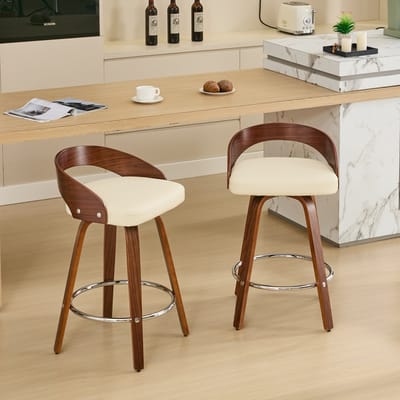 PHOEBE CAT Barkruk - Set van 2 - 360° Draaibaar - Gewatteerde zitting - Houten frame - Beige + Bruin