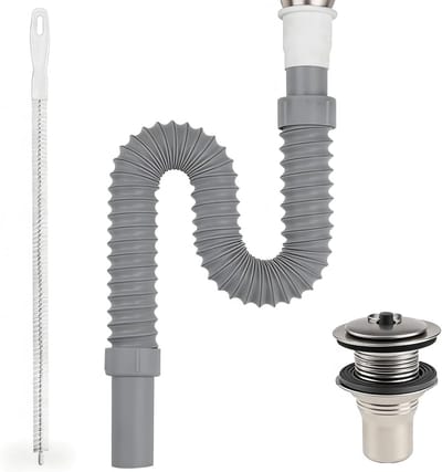 Flexibele Afvoerslang 75 mm Grijs met Model 32 Onderdelen en 45 cm Schoonmaakborstel, Hoogwaardige Sifon voor Badkamer, Keuken en Balkon, Ideaal voor Afvoerreparatie en Onderhoud