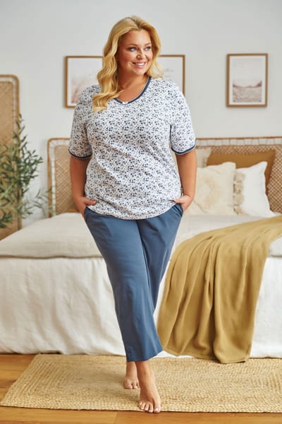 Doctor Nap Katoenen Pyjama Dames Volwassenen Korte Mouw Lange Broek Plus Size Navy Bloom PM.5290 44 / XXL