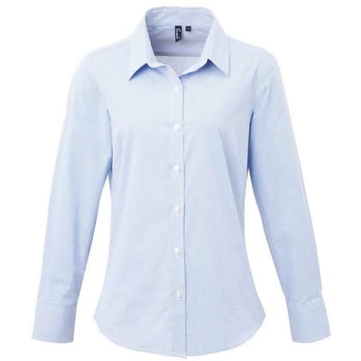Premier Dames/Dames Micro Gingham geruit katoenen shirt met lange mouwen (Lichtblauw)