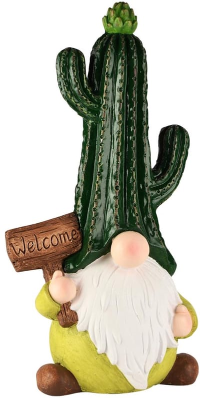 Dekoratief | Tuingnoom m/cactushoed 'Welcome', magnesium, LED, 27x18x51cm | A260526