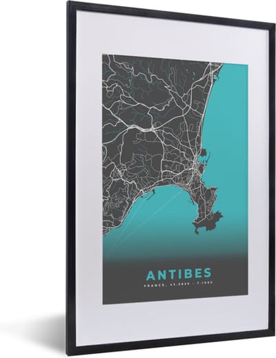 Fotolijst incl. Poster - Antibes - Frankrijk - Plattegrond - Kaart - Stadskaart - 40x60 cm - Posterlijst