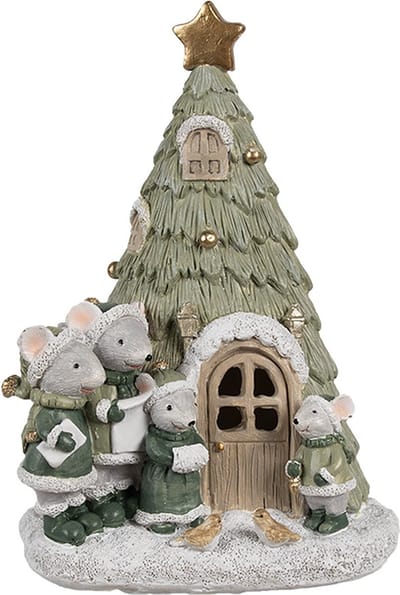 Clayre & Eef Decoratie Huis met LED Kerstboom 12x11x17 cm Groen Polyresin Muis