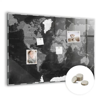 Tulup Glassboards - Zwarte wereldkaart Magneetbord - 100 cm x 70 cm - Zwart en wit Foto Magneetbord - Gratis 5 Sterke Magneten - Decoratief Magnetisch Bord - Memobord Glas - Magnetisch Bord Kind - Ideeënbord Thuiswerkplek - Memo Bord