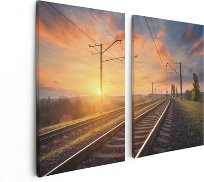 Artaza Canvas Schilderij Tweeluik Rails Spoorweg Bij Zonsondergang - 80x60 - Foto Op Canvas - Canvas Print