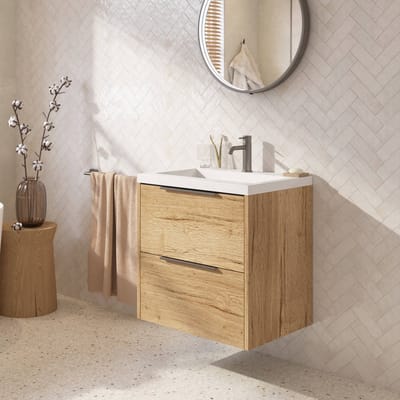 Saqu Lima ondiep badmeubel incl. glans witte wastafel 60x40x64cm eiken marcato – gunmetal greep