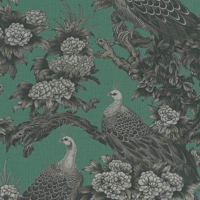 Vogels behang Profhome 399822-GU vliesbehang hardvinyl warmdruk in reliëf licht gestructureerd met bloemen patroon mat groen lichtgrijs zwartgrijs patinagroen 5,33 m2