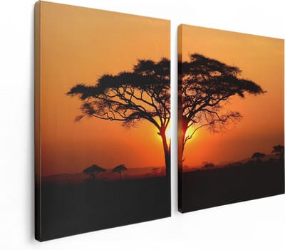 Artaza Canvas Schilderij Tweeluik Zonsondergang Achter Een Savanne Boom - 120x80 - Foto Op Canvas - Canvas Print