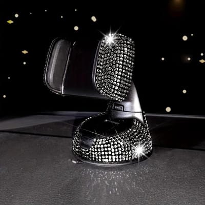 Support de téléphone de voiture de luxe en strass multifonctionnel, support à ventouse rotatif avec cristaux étincelants pour support de téléphone de tableau de bord pour voiture noir