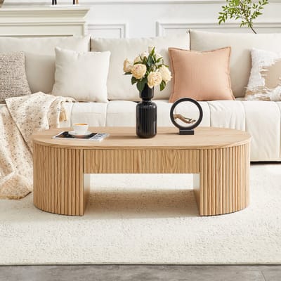 STILVORA Salontafel - Ovale Eikenlook Met Lade En Geribbelde Zijkanten - Voor Woonkamer En Bank - MDF - 105x54x38 Cm - Hout