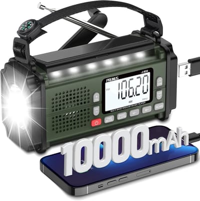 PRUNUS J-924S AM/FM/SW zwengelradio voor noodgevallen, wereldontvanger, noodradio met 10.000 mAh accu, zonne-radio, survivaluitrusting met zaklamp/SOS-alarm/telefoonoplaadfunctie voor outdoor