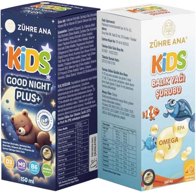 Zuhre Ana Kids Set Visolie Omega 3 & Good Night Plus Siroop 2x150 ml – DHA EPA, Vitamine D3, Magnesium & Kruidenextracten voor Kinderen