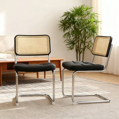 Eetkamerstoel - 2 Stuks - Faux Leather Accent Stoel - Moderne Mid-Century Breuer Stijl - Chrome Poten - Kunstleer - Zwart