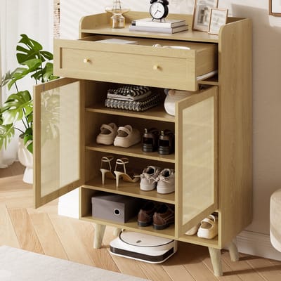 REDOM - Schoenenkast - Met 2 Deuren, 1 Lade En Verstelbare Planken - Voor Hal - Spaanplaat - Licht Eiken - 80 X 105 X 35 Cm