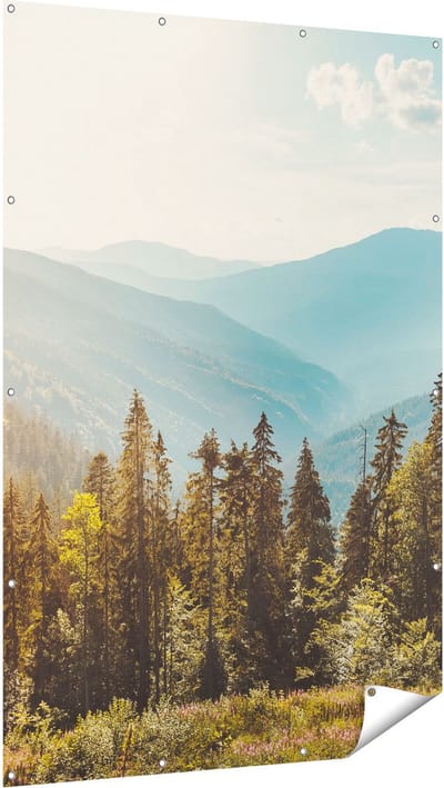 Gards Tuinposter Bos met Bomen in de Hoge Bergen - 120x180 cm - Tuindoek - Tuindecoratie - Wanddecoratie buiten - Tuinschilderij