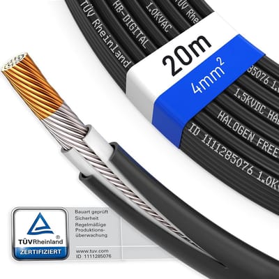 20m Zonne-energie Kabel 4mm² UV Bestendig Zonnepaneel Kabel Puur Koper Zwart
