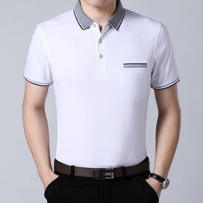 Été Nouveau T-shirt à Manches Courtes pour Hommes d'Âge Moyen Revers Coton Ample Vraie Poche Âge Moyen et Personnes Âgées Style Mince XXXXL white