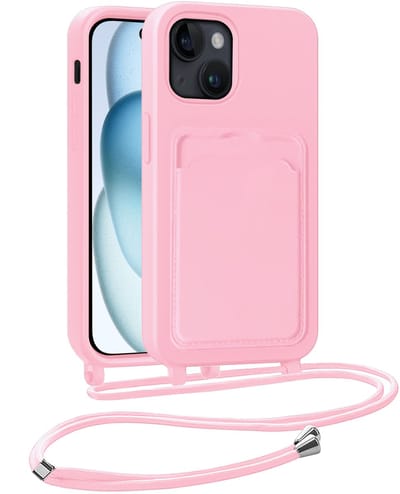 Hoesje Geschikt voor iPhone 15 Plus Hoesje Met Telefoonkoord en Pasjeshouder Siliconen - Hoes Geschikt voor iPhone 15 Plus Hoesje Met Kaarthouder Case - Lichtroze