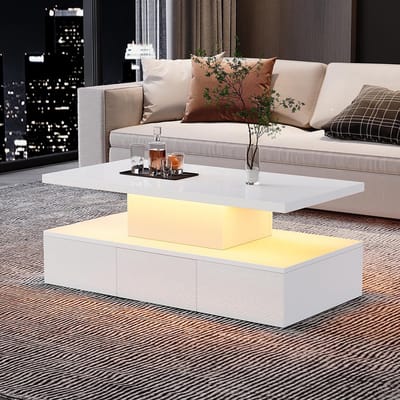 KOMHTOM - Tweelaagse salontafel - 16 kleuren LED-verlichting - Glanzend oppervlak - Open plank - Uitschuifbare lade - Kleine rechthoekige salontafel - Wit